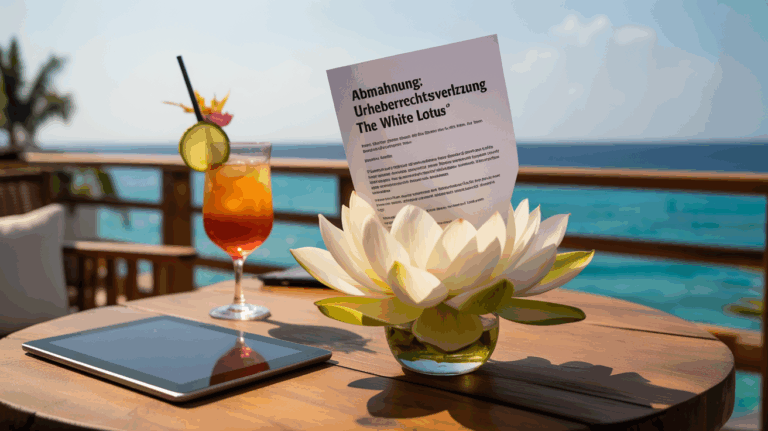 Person blickt besorgt auf einen Laptop-Bildschirm mit dem Text "Abmahnung The White Lotus".