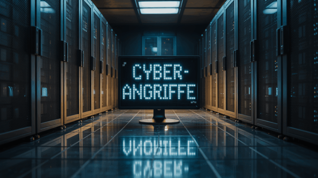 Ein Serverraum, auf dessen Monitor "Cyber-Angriffe" steht, als Symbol für die Bedrohung der Datensicherheit.