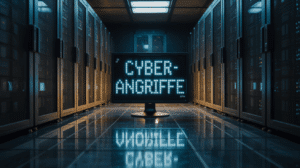 Ein Serverraum, auf dessen Monitor "Cyber-Angriffe" steht, als Symbol für die Bedrohung der Datensicherheit.