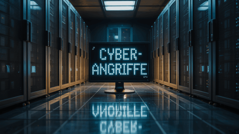 Ein Serverraum, auf dessen Monitor "Cyber-Angriffe" steht, als Symbol für die Bedrohung der Datensicherheit.