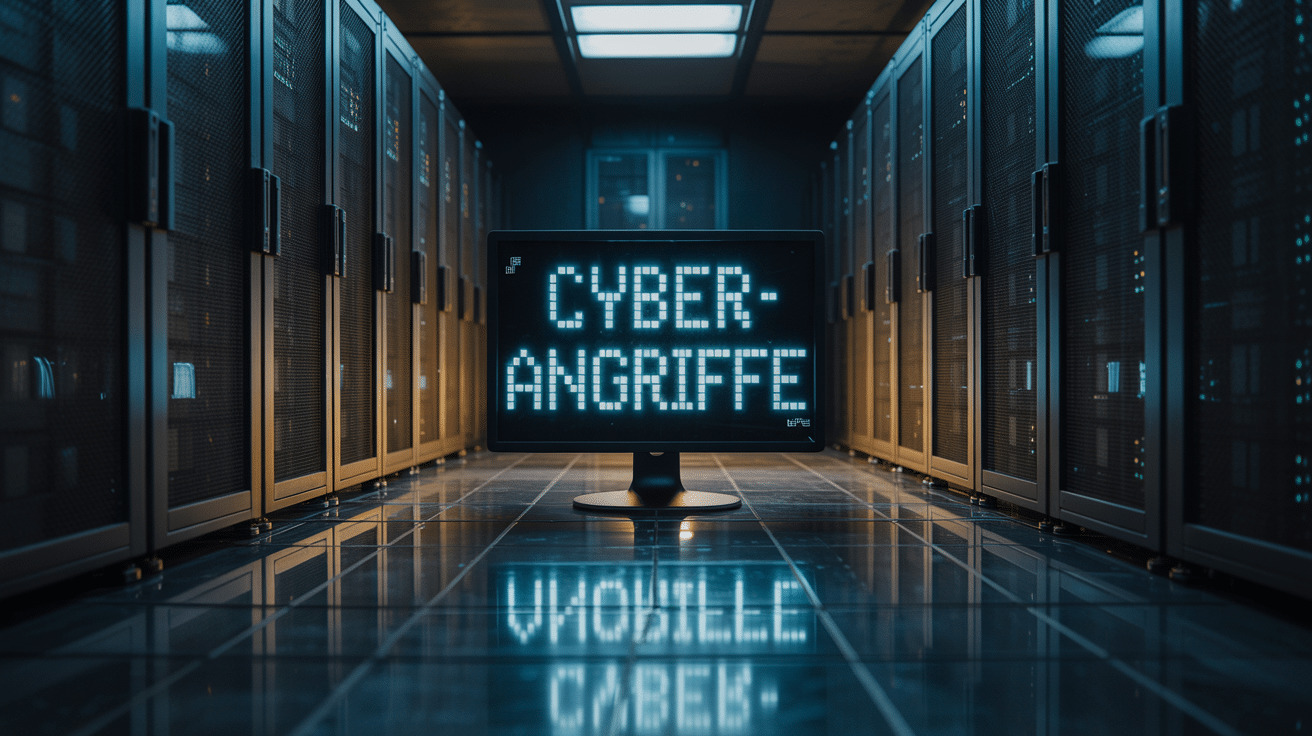 Ein Serverraum, auf dessen Monitor "Cyber-Angriffe" steht, als Symbol für die Bedrohung der Datensicherheit.