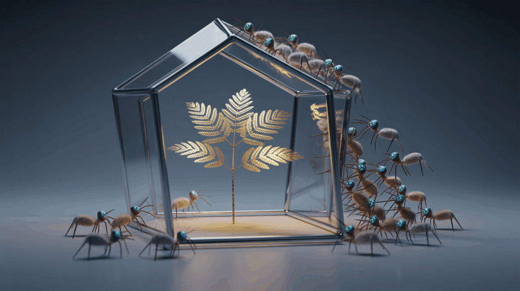 Eine leuchtende, goldene Pflanze in einem Kristall-Terrarium, das von außen von blauen, digitalen Käfern bedroht wird, als Symbol für Datensicherheit und Schutz vor Cyber-Angriffen.