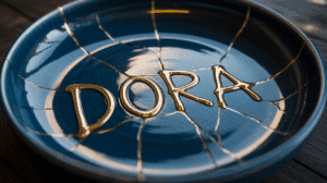 Eine Keramikschale wird nach der Kintsugi-Methode mit Gold repariert. Die goldenen Linien, die das Wort DORA bilden, symbolisieren die Stärkung und Resilienz der digitalen Wirtschaft.