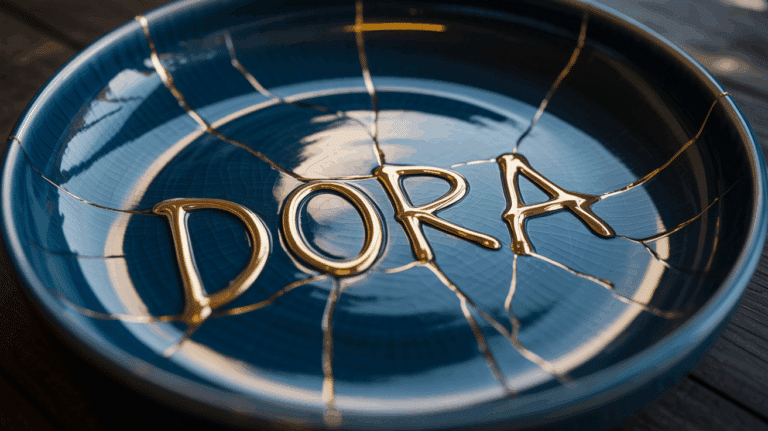 Eine Keramikschale wird nach der Kintsugi-Methode mit Gold repariert. Die goldenen Linien, die das Wort DORA bilden, symbolisieren die Stärkung und Resilienz der digitalen Wirtschaft.