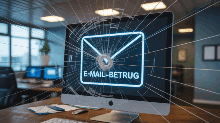 Darstellung von E-Mail-Betrug auf einem kaputten Bildschirm, der Hackerangriffe symbolisiert.