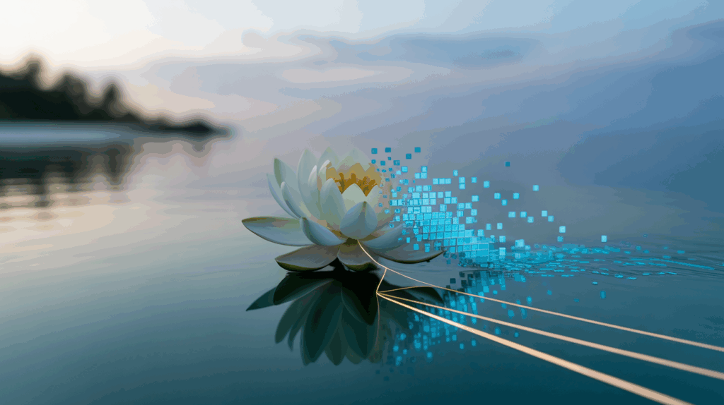 Symbolische Darstellung einer Urheberrechtsverletzung: Eine weiße Lotusblüte zerfällt in digitale Pixel, die von einem Lichtstrahl verfolgt werden.
