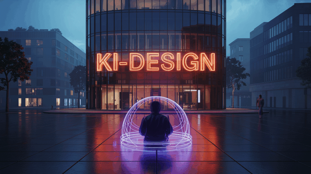 Neonzeichen "KI-Design" an einer modernen Bürofassade bei Nacht, eine Person arbeitet am Tablet.