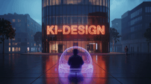 Neonzeichen "KI-Design" an einer modernen Bürofassade bei Nacht, eine Person arbeitet am Tablet.