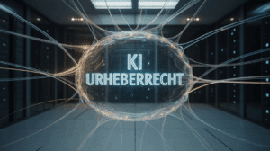 Ein leuchtendes neuronales Netzwerk, das im Zentrum den Begriff "KI Urheberrecht" als Hologramm darstellt und die Komplexität des Themas symbolisiert.