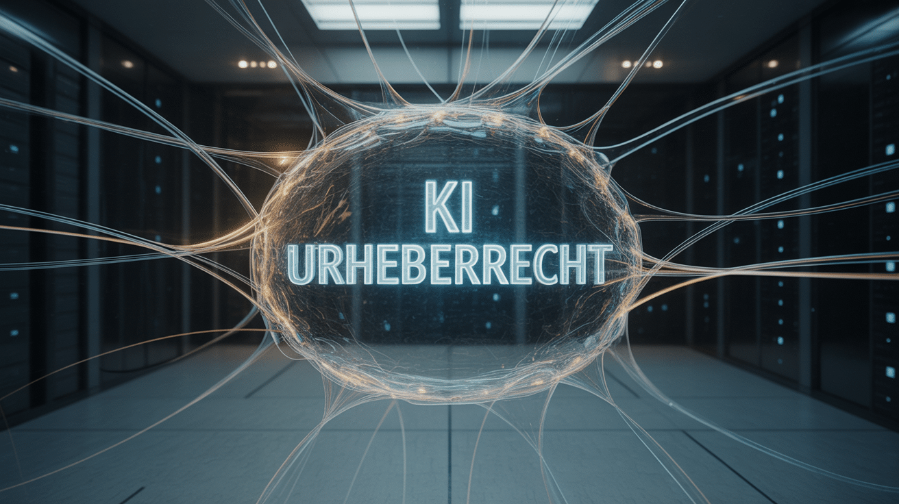 Ein leuchtendes neuronales Netzwerk, das im Zentrum den Begriff "KI Urheberrecht" als Hologramm darstellt und die Komplexität des Themas symbolisiert.