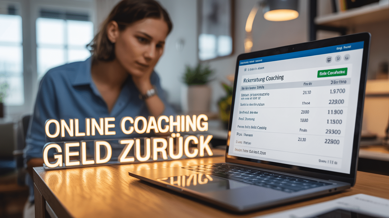 Eine Person erhält nach einem erfolgreichen Widerspruch ihr Geld für ein Online-Coaching zurück, was auf dem Laptop-Bildschirm sichtbar ist.