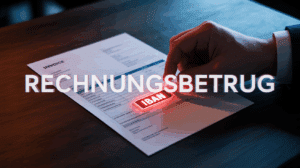 Eine gefälschte Rechnung auf einem Schreibtisch, deren Bankverbindung von einer digitalen Hacker-Hand manipuliert wird, als Symbol für Rechnungsbetrug.