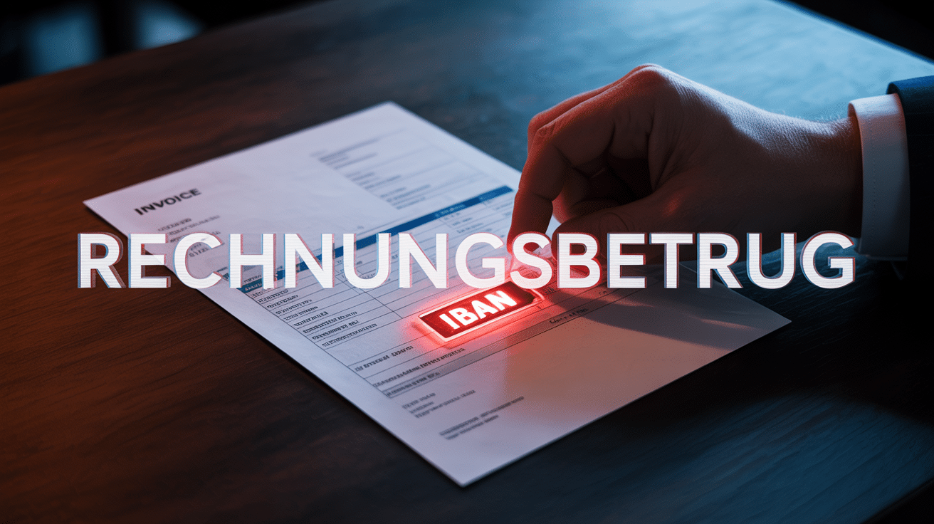 Eine gefälschte Rechnung auf einem Schreibtisch, deren Bankverbindung von einer digitalen Hacker-Hand manipuliert wird, als Symbol für Rechnungsbetrug.