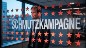 Ein Anwalt blickt aus einem Bürofenster, auf dem das Wort "Schmutzkampagne" und negative Bewertungssymbole reflektiert werden.