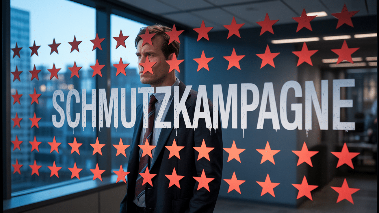 Ein Anwalt blickt aus einem Bürofenster, auf dem das Wort "Schmutzkampagne" und negative Bewertungssymbole reflektiert werden.