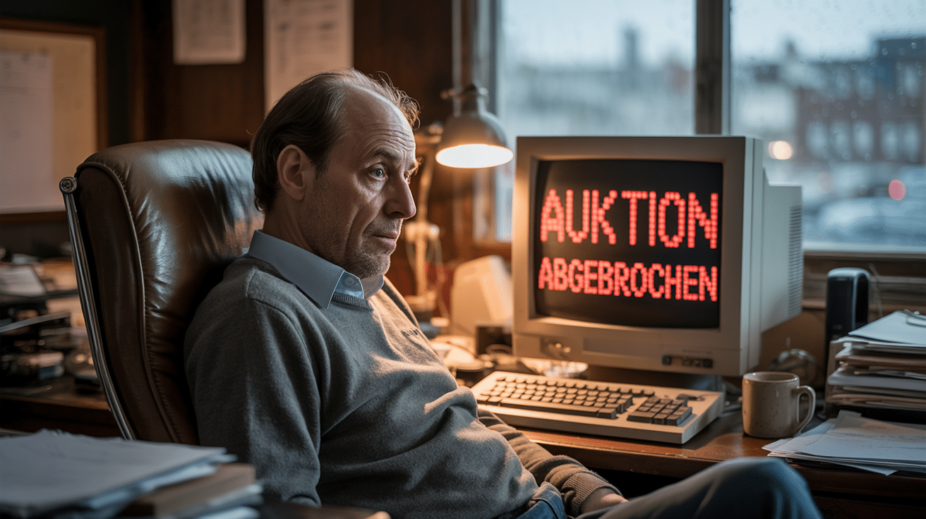 Mann sitzt vor einem Computer, auf dem die Meldung "Auktion abgebrochen" steht, was das Thema der eBay-Anfechtung illustriert.
