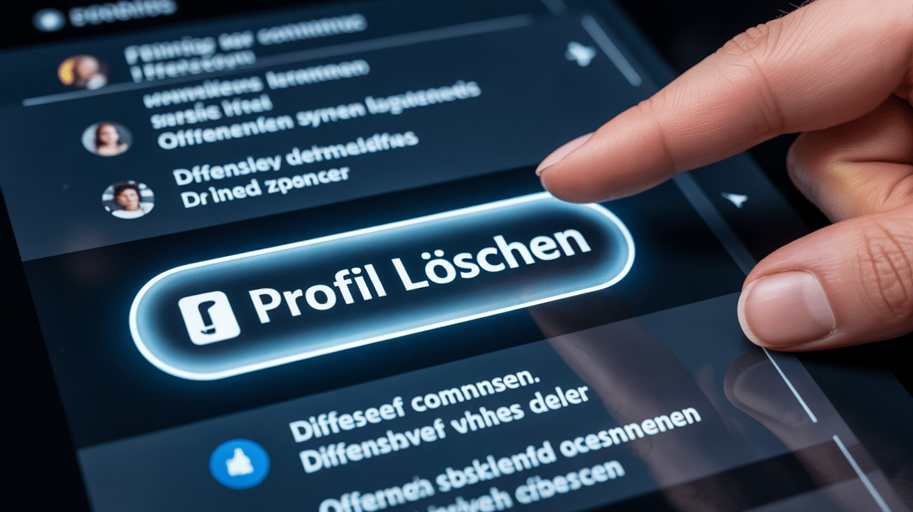 Ein Finger drückt einen leuchtenden "Profil löschen"-Button auf einer Social-Media-Oberfläche, im Hintergrund sind beleidigende Kommentare zu sehen.