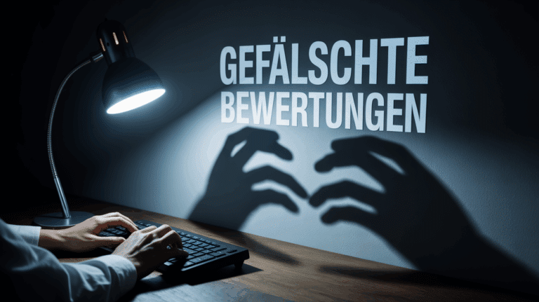 Ein unheimlicher Schatten von tippenden Händen, in dem die Worte "Gefälschte Bewertungen" erscheinen, als Symbol für böswillige Online-Sabotage.