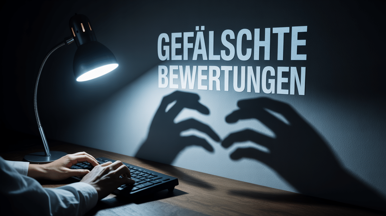 Ein unheimlicher Schatten von tippenden Händen, in dem die Worte "Gefälschte Bewertungen" erscheinen, als Symbol für böswillige Online-Sabotage.