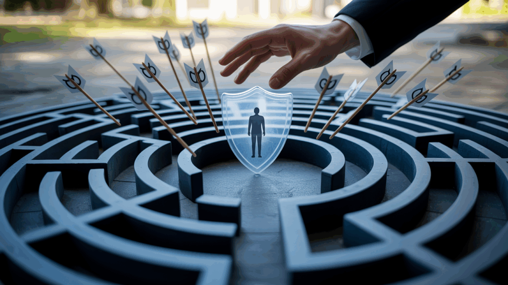 Eine Person wird in einem digitalen Labyrinth durch einen Lichtschild vor Hass-Symbolen geschützt, eine helfende Hand symbolisiert rechtlichen Beistand.