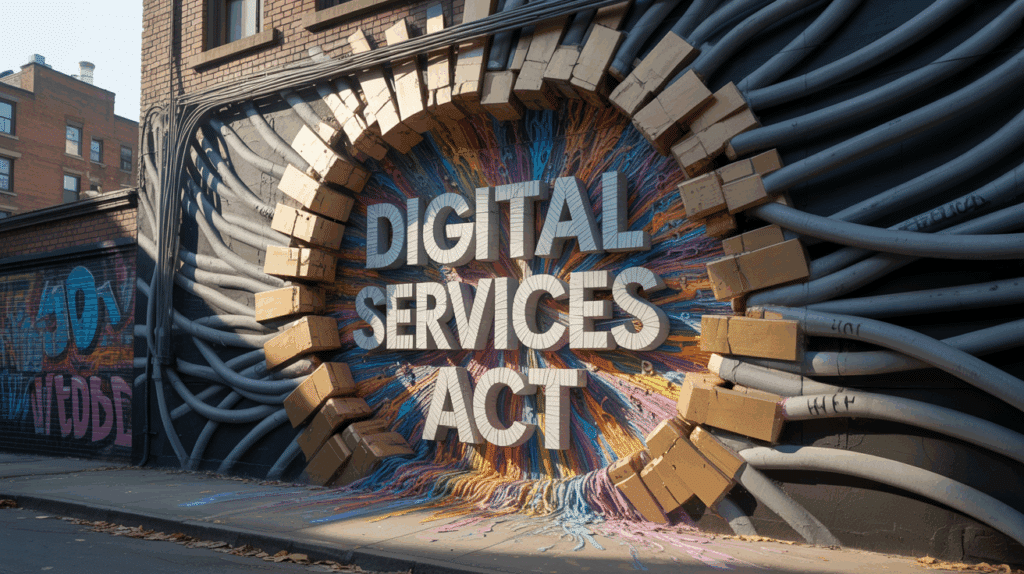 Eine Person meldet Inhalte online, im Hintergrund leuchtet der Schriftzug "Digital Services Act" an der Wand.