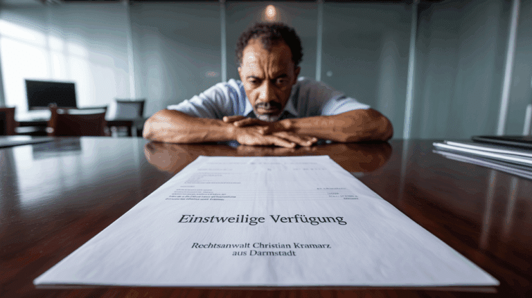Ein juristisches Dokument mit dem Titel "Einstweilige Verfügung", ausgestellt von Rechtsanwalt Christian Kramarz aus Darmstadt, liegt auf einem Schreibtisch.