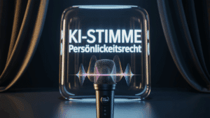 Ein Studiomikrofon mit einer leuchtenden Schallwelle, die das Konzept des Persönlichkeitsrechts bei KI-Stimmen symbolisiert.