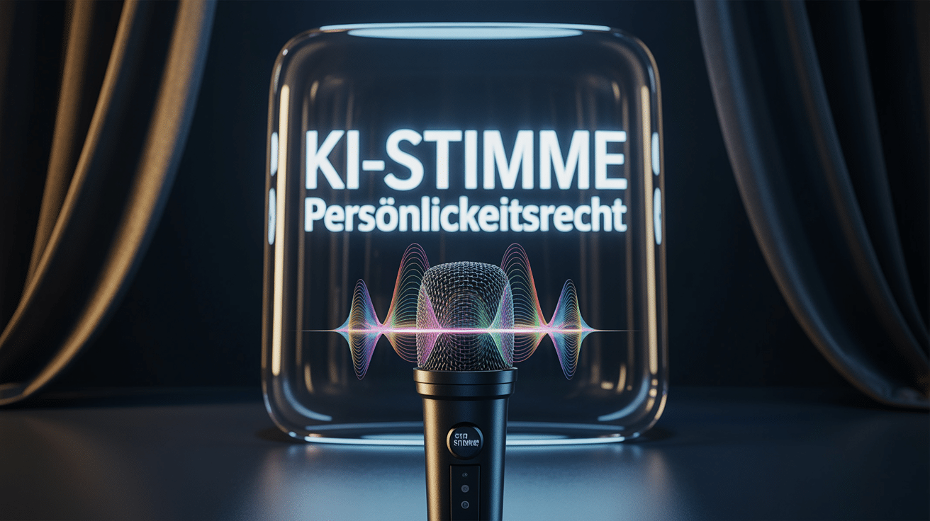 Ein Studiomikrofon mit einer leuchtenden Schallwelle, die das Konzept des Persönlichkeitsrechts bei KI-Stimmen symbolisiert.