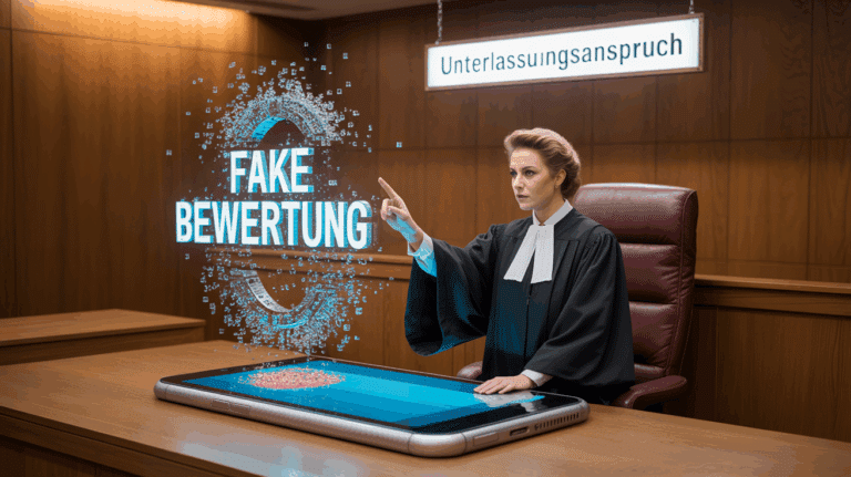 Richterin spricht im Gerichtssaal ein Urteil, das eine als Hologramm schwebende Fake-Bewertung zum Verschwinden bringt.