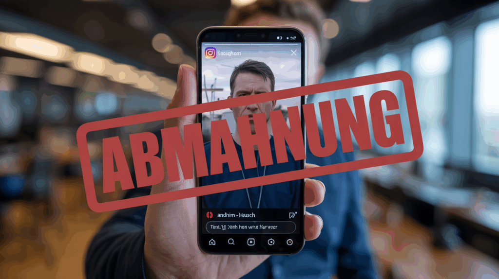 Smartphone zeigt ein Instagram Reel mit dem Song 'andhim - Hausch', darüber ein roter 'Abmahnung'-Stempel als Symbol für eine Urheberrechtsverletzung.