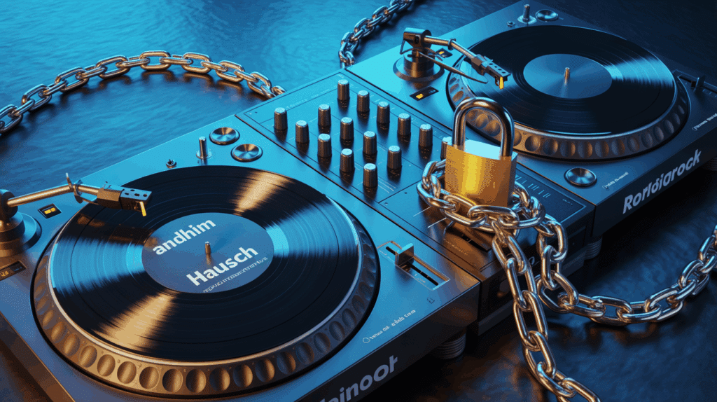 Ein DJ-Mischpult mit einer 'andhim - Hausch' Schallplatte, von der eine Kette zu einem gesperrten Instagram-Logo führt; Symbol für Abmahnung.
