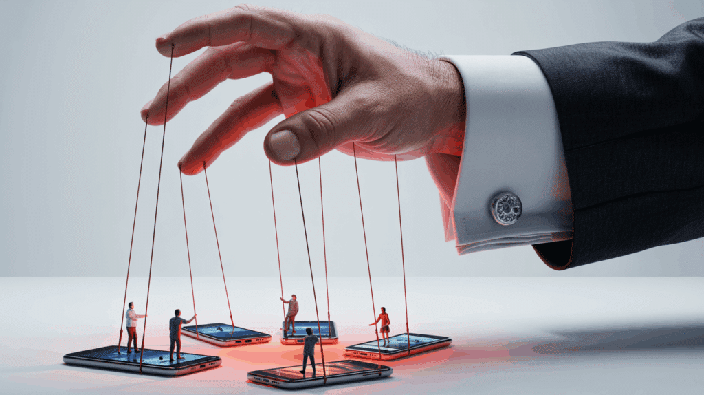 Eine Hand im Anzugärmel führt Smartphones wie Marionetten, was die Beauftragtenhaftung von Unternehmen für Influencer nach § 8 Abs. 2 UWG darstellt.