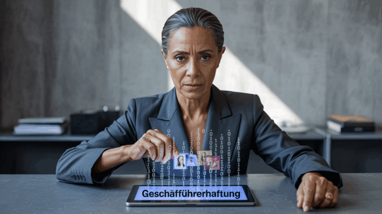 Eine Geschäftsführerin betrachtet auf ihrem Tablet das Wort "Geschäftsführerhaftung", das die digitalen Risiken ihrer Position symbolisiert.