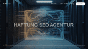Abstrakte Kunst, die ein digitales Gewebe aus Datenfäden zeigt, das sich auflöst, als Symbol für eine scheiternde SEO-Strategie und Vertragsbruch.