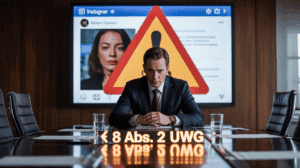 Ein Manager sieht einen problematischen Influencer-Post auf einem Bildschirm, der die Haftung des Unternehmens nach § 8 Abs. 2 UWG symbolisiert.