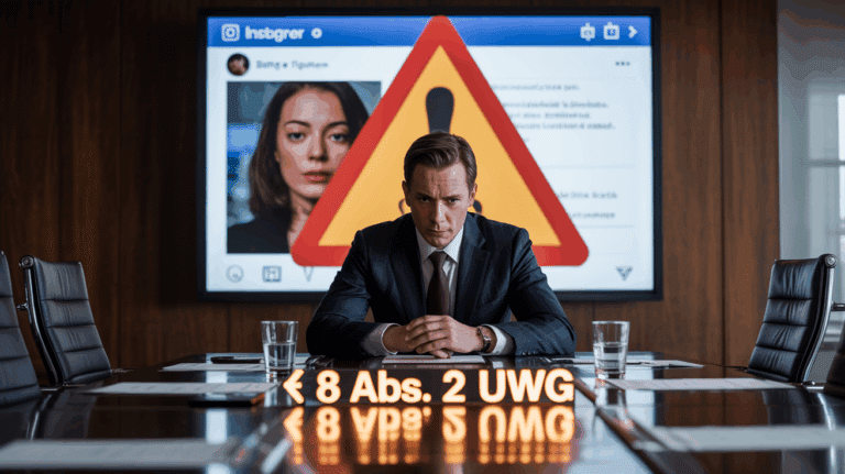 Ein Manager sieht einen problematischen Influencer-Post auf einem Bildschirm, der die Haftung des Unternehmens nach § 8 Abs. 2 UWG symbolisiert.