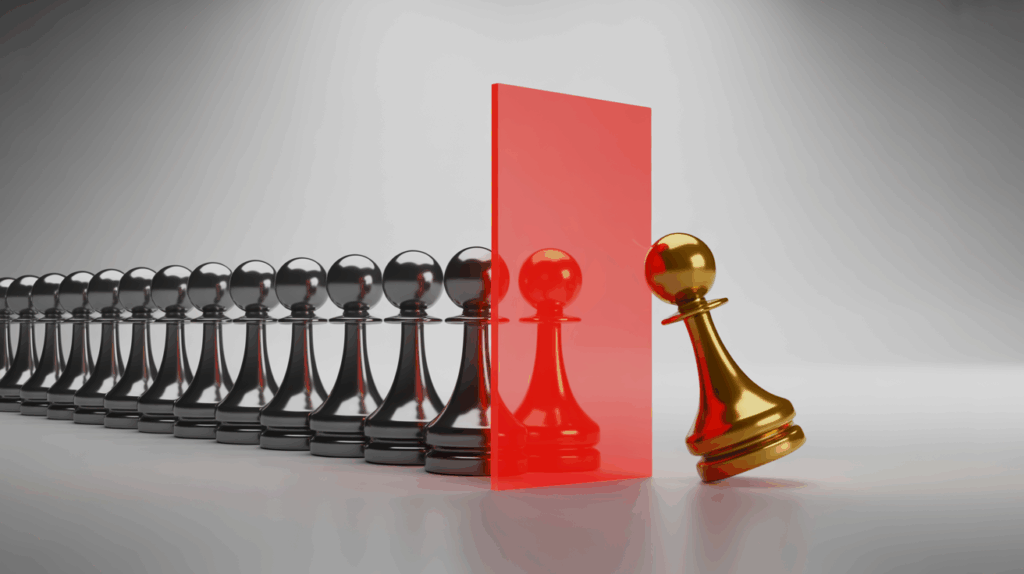 Eine goldene Spielfigur wird von einer roten Wand blockiert, die eine bösgläubige Markenanmeldung mit Behinderungsabsicht symbolisiert.