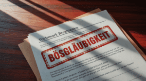 Ein roter Warnstempel mit dem Wort "Bösgläubigkeit" auf einer offiziellen Markenanmeldeurkunde als Symbol für eine rechtsmissbräuchliche Markenanmeldung.