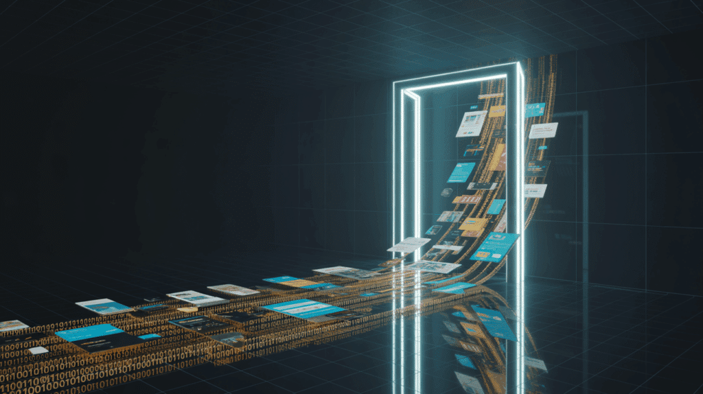 Abstrakte Darstellung einer digitalen Tür, durch die Daten hinein und Inhalte herausfließen.