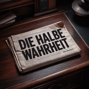 Zeitungsausschnitt auf Schreibtisch mit der Schlagzeile Die halbe Wahrheit, teilweise im Schatten.