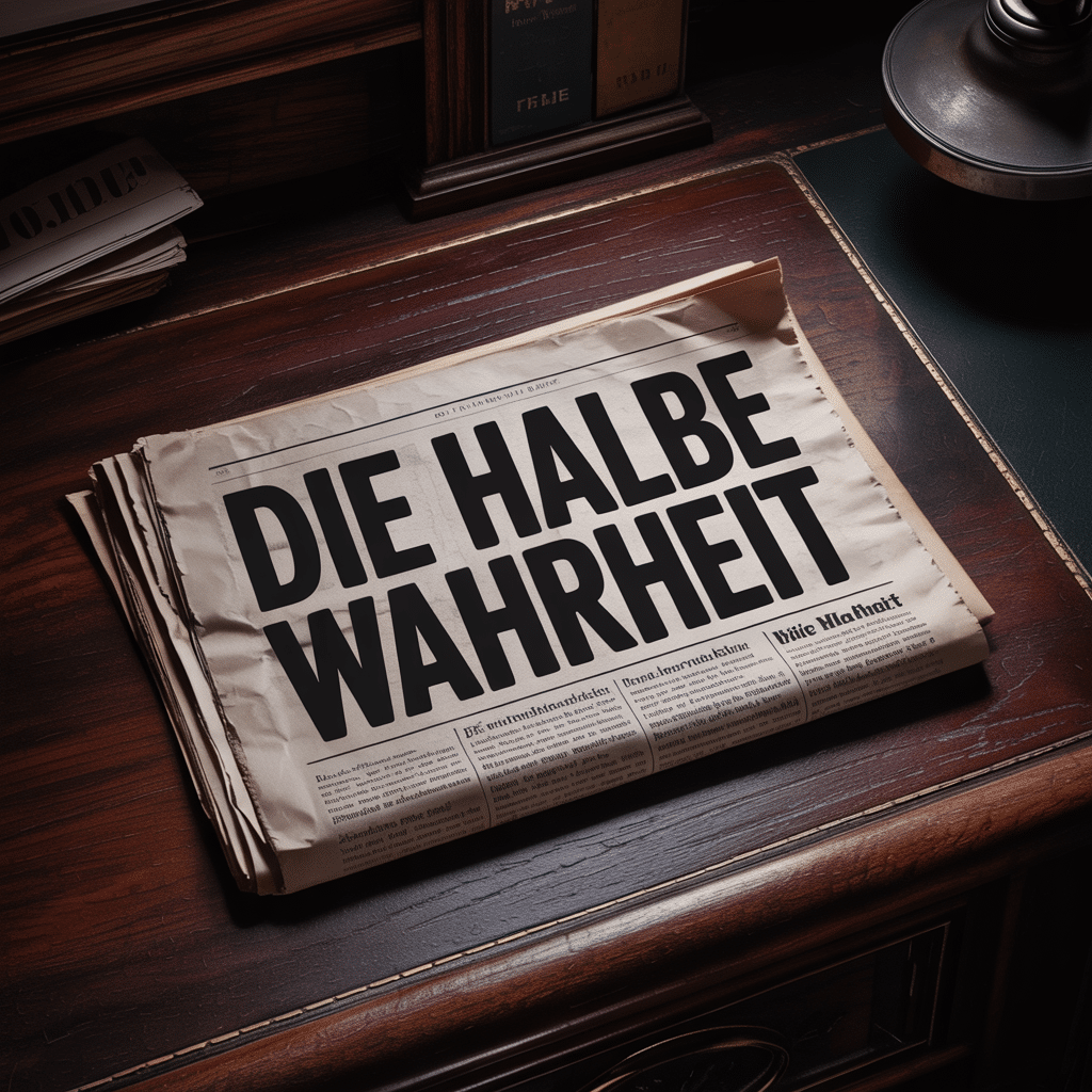 Zeitungsausschnitt auf Schreibtisch mit der Schlagzeile Die halbe Wahrheit, teilweise im Schatten.