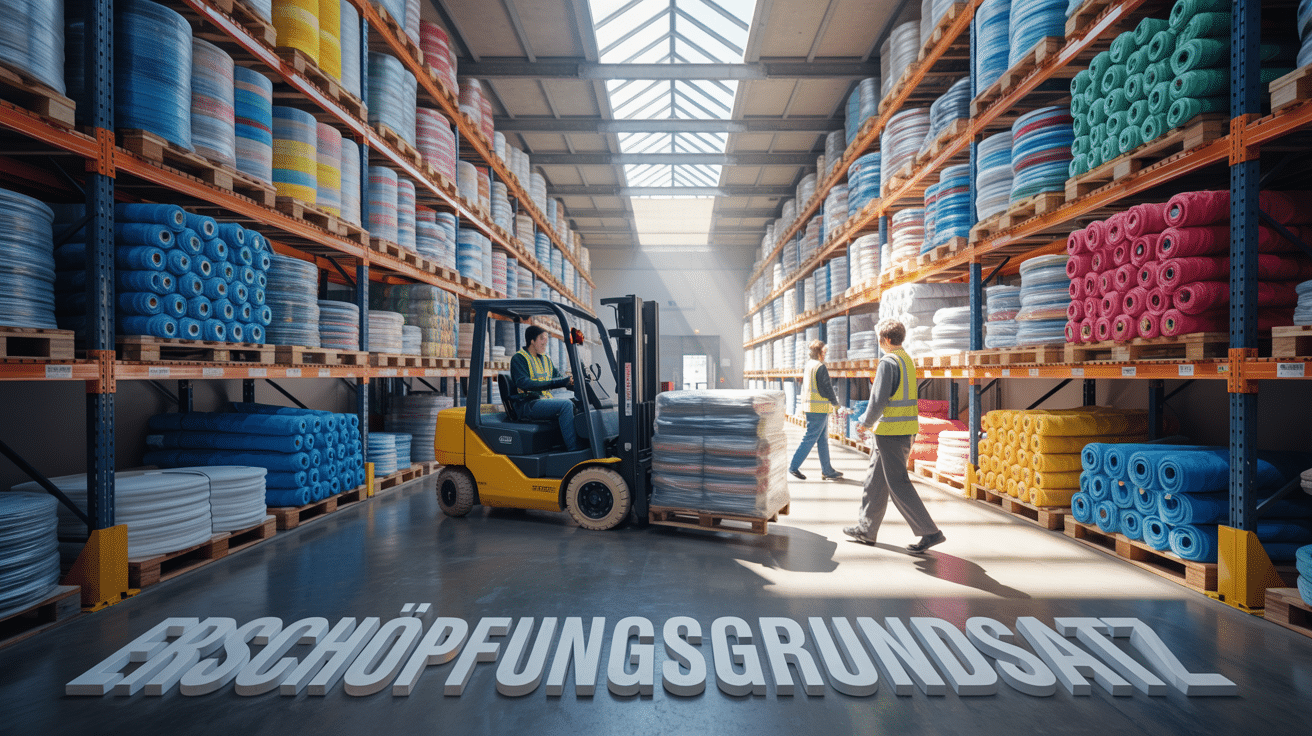 Eine moderne Lagerhalle, in der Gabelstapler Paletten mit Kissen bewegen, wobei das Wort ERSCHÖPFUNGSGRUNDSATZ als stilisiertes Licht-Schatten-Spiel auf dem Boden zu sehen ist.