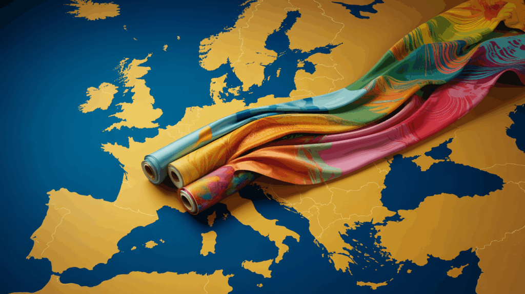 Künstlerische Darstellung von bunten Stoffbahnen, die frei über eine stilisierte Europakarte wehen, symbolisch für den freien Warenverkehr.