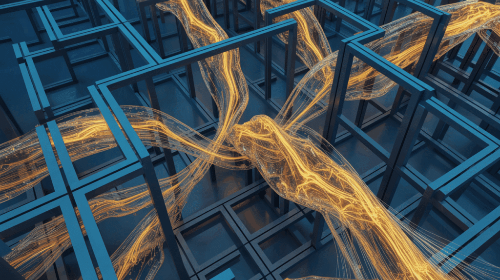 Abstrakte Darstellung von geordneten rechtlichen Strukturen in blau, die auf dynamische KI-Datenströme in gold treffen.