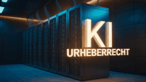 Ein Serverraum, in dem der Begriff "KI Urheberrecht" als Hologramm leuchtet, als Symbol für die rechtlichen Fragen der KI-Technologie.