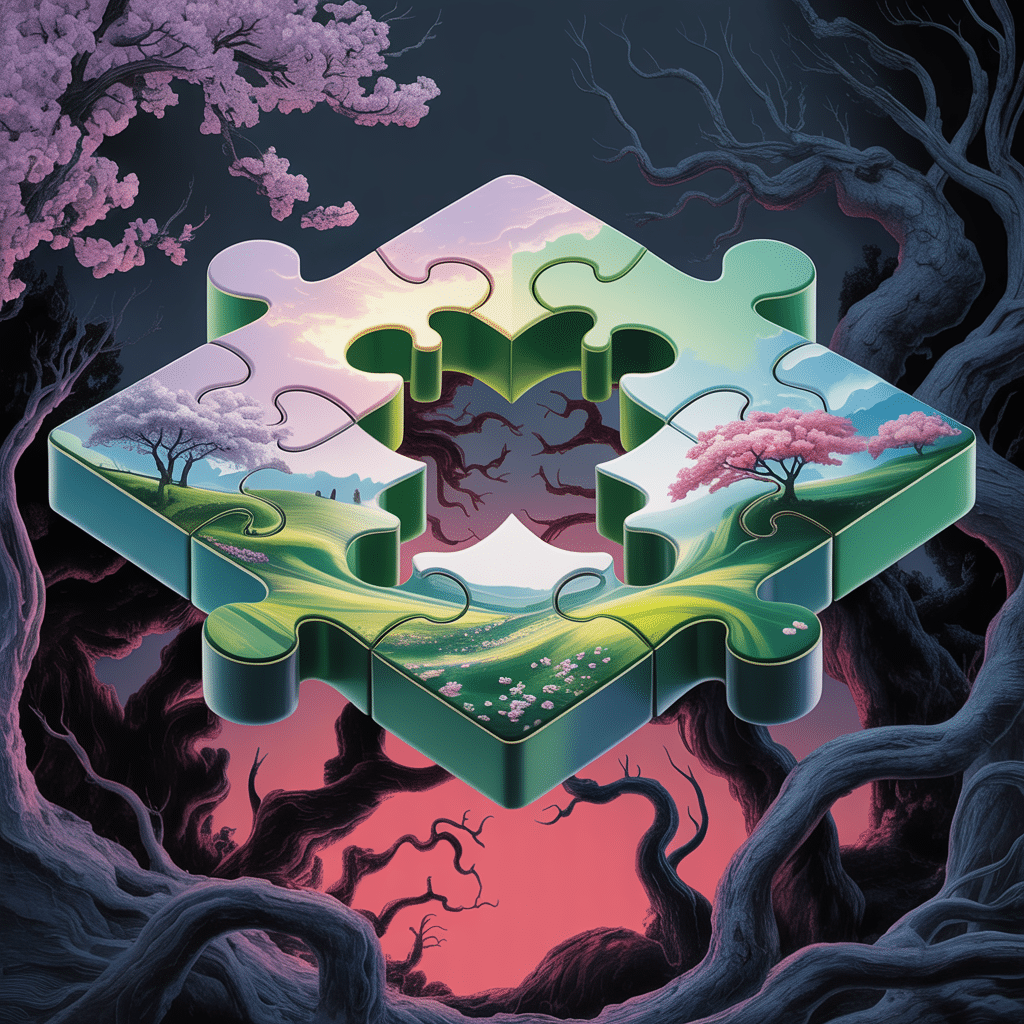 Schwebendes Puzzle mit fehlendem Mittelteil, das eine andere Realität dahinter offenbart.