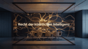 Abstrakte Darstellung von geordneten rechtlichen Strukturen in blau, die auf dynamische KI-Datenströme in gold treffen.