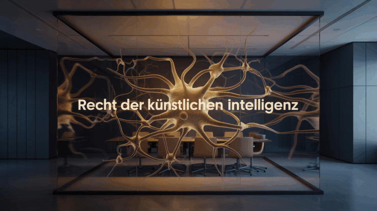 Abstrakte Darstellung von geordneten rechtlichen Strukturen in blau, die auf dynamische KI-Datenströme in gold treffen.