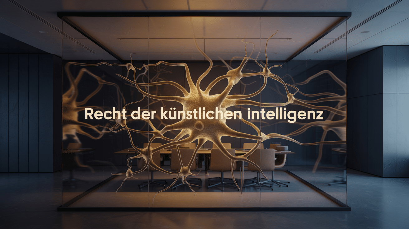 Abstrakte Darstellung von geordneten rechtlichen Strukturen in blau, die auf dynamische KI-Datenströme in gold treffen.