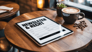 Tablet auf einem Tisch zeigt Newsletter-Anmeldung mit der Überschrift Newsletter und Recht.
